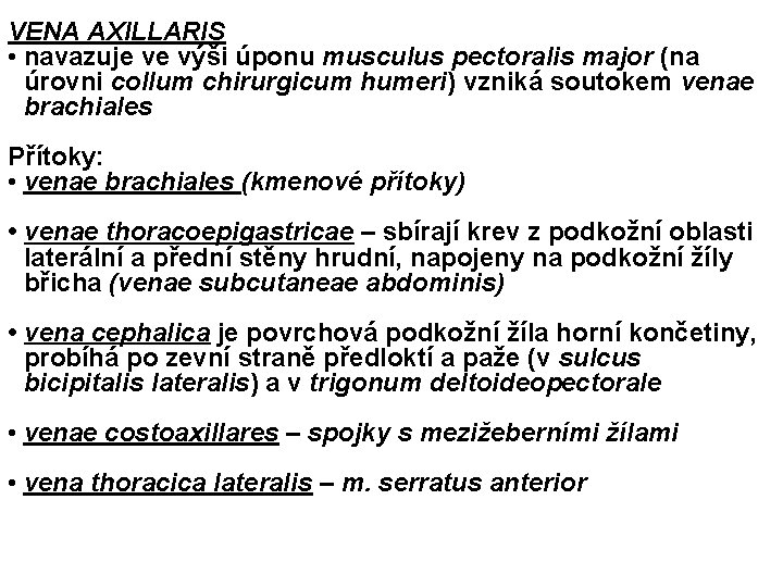 VENA AXILLARIS • navazuje ve výši úponu musculus pectoralis major (na úrovni collum chirurgicum