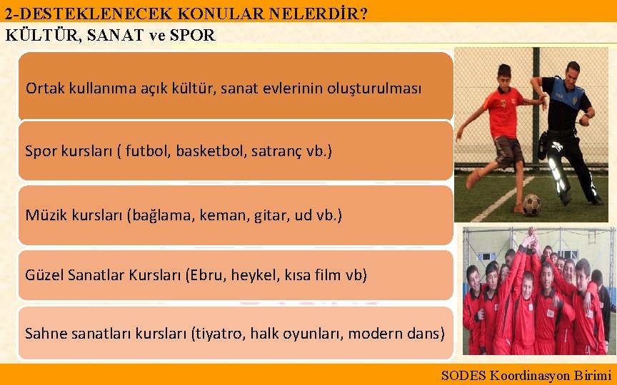 2 -DESTEKLENECEK KONULAR NELERDİR? KÜLTÜR, SANAT ve SPOR Ortak kullanıma açık kültür, sanat evlerinin