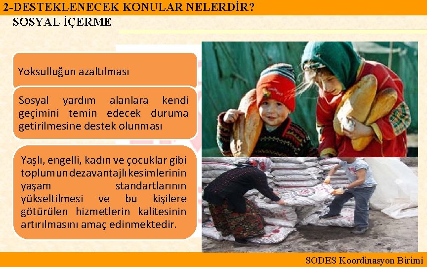 2 -DESTEKLENECEK KONULAR NELERDİR? SOSYAL İÇERME Yoksulluğun azaltılması Sosyal yardım alanlara kendi geçimini temin