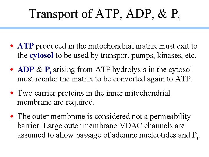Transport of ATP, ADP, & Pi w ATP produced in the mitochondrial matrix must