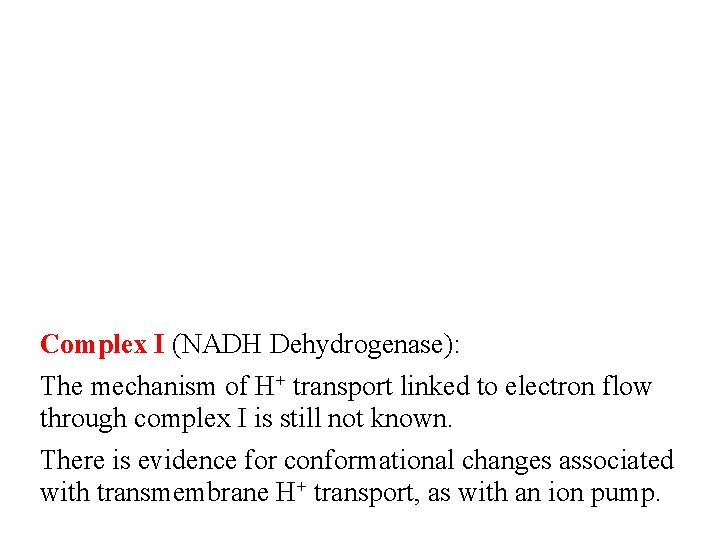 Complex I (NADH Dehydrogenase): The mechanism of H+ transport linked to electron flow through