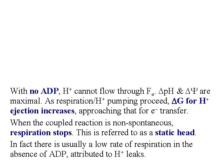 With no ADP, H+ cannot flow through Fo. Dp. H & DY are maximal.