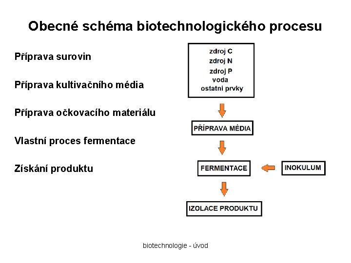 Obecné schéma biotechnologického procesu Příprava surovin Příprava kultivačního média Příprava očkovacího materiálu Vlastní proces