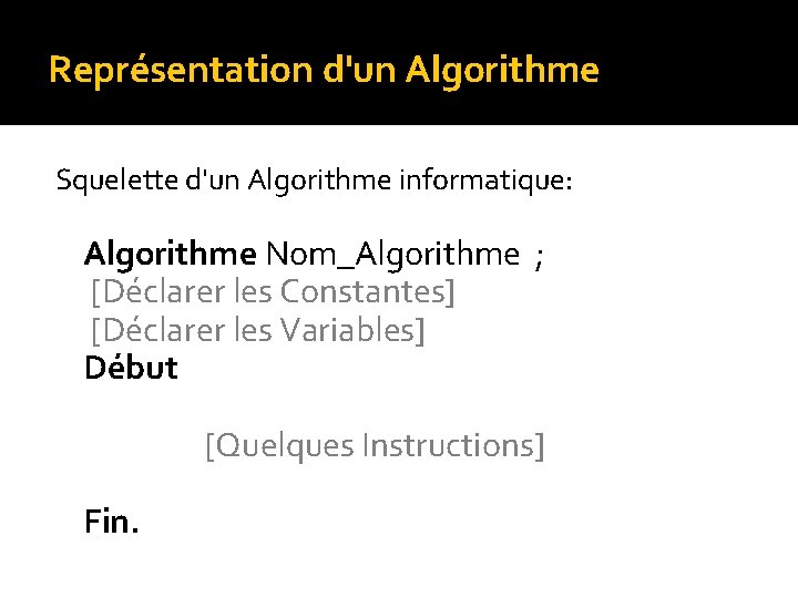 Représentation d'un Algorithme Squelette d'un Algorithme informatique: Algorithme Nom_Algorithme ; [Déclarer les Constantes] [Déclarer