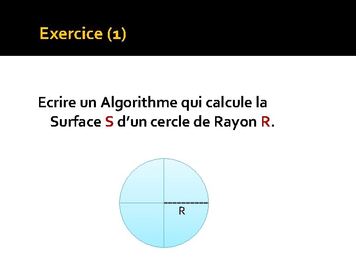 Exercice (1) Ecrire un Algorithme qui calcule la Surface S d’un cercle de Rayon