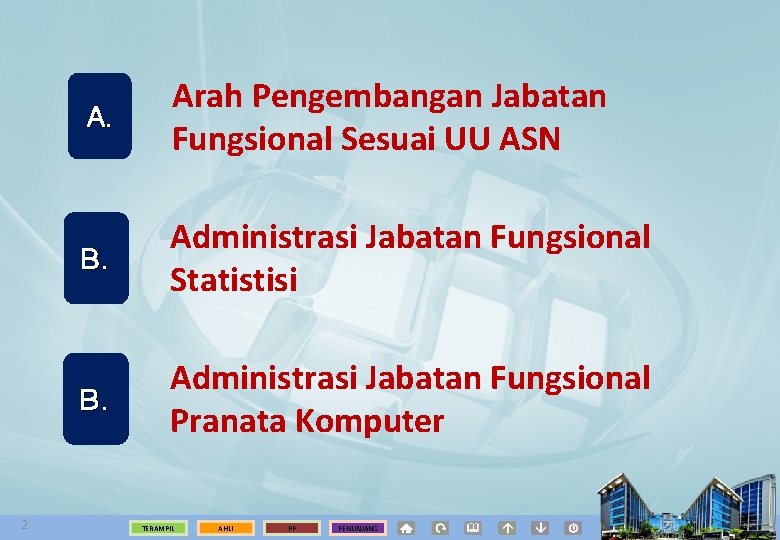 2 A. Arah Pengembangan Jabatan Fungsional Sesuai UU ASN B. Administrasi Jabatan Fungsional Statistisi