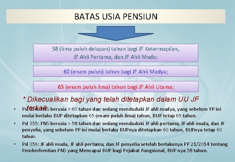 BATAS USIA PENSIUN 58 (lima puluh delapan) tahun bagi JF Ketermapilan, JF Ahli Pertama,