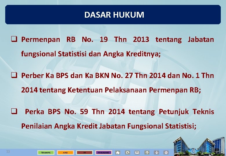 DASAR HUKUM q Permenpan RB No. 19 Thn 2013 tentang Jabatan fungsional Statistisi dan