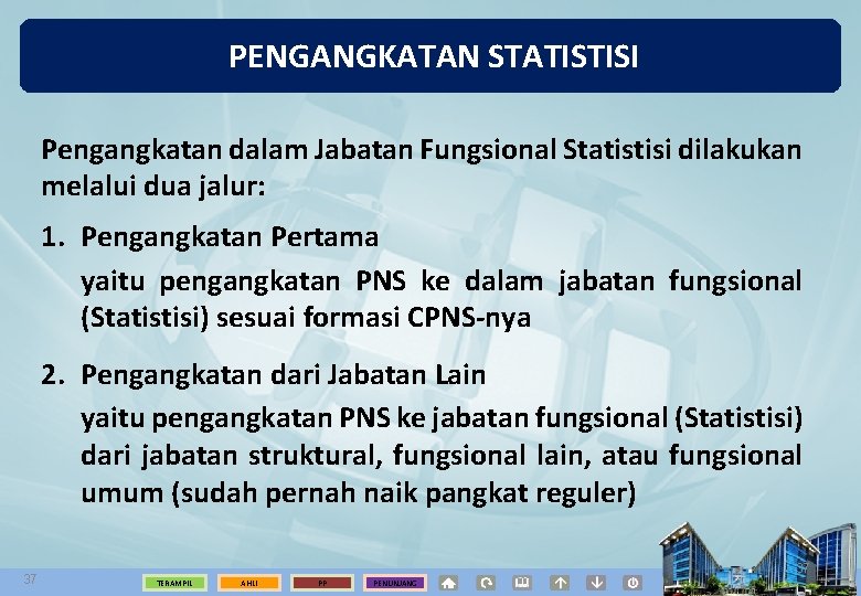PENGANGKATAN STATISTISI Pengangkatan dalam Jabatan Fungsional Statistisi dilakukan melalui dua jalur: 1. Pengangkatan Pertama