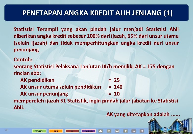 PENETAPAN ANGKA KREDIT ALIH JENJANG (1) Statistisi Terampil yang akan pindah jalur menjadi Statistisi