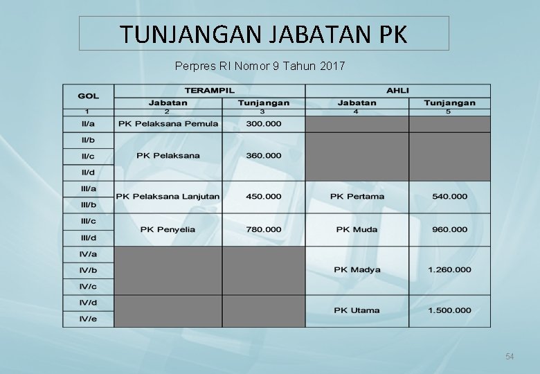 TUNJANGAN JABATAN PK Perpres RI Nomor 9 Tahun 2017 54 