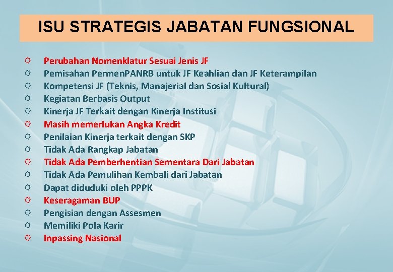 ISU STRATEGIS JABATAN FUNGSIONAL R R R R Perubahan Nomenklatur Sesuai Jenis JF Pemisahan