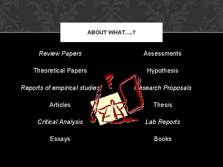 ABOUT WHAT…. ? Review Papers Assessments Theoretical Papers Hypothesis Reports of empirical studies Research