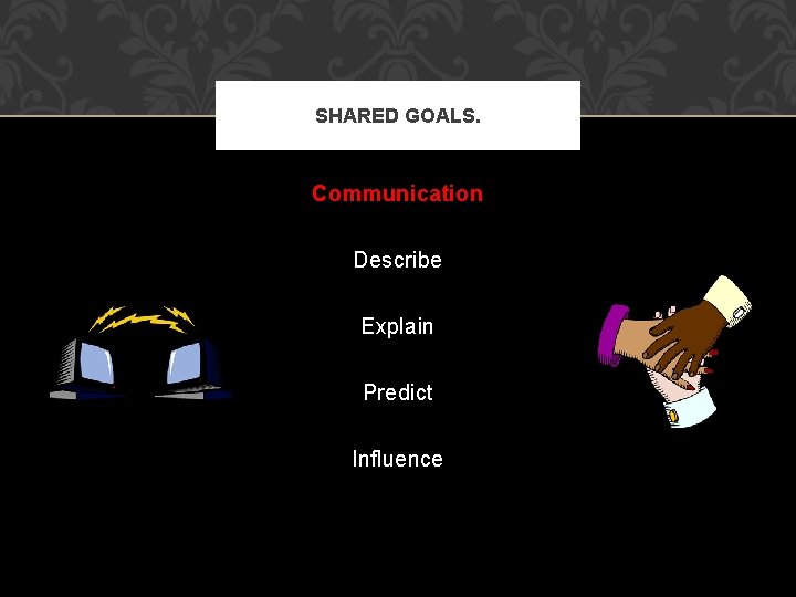SHARED GOALS. Communication Describe Explain Predict Influence 