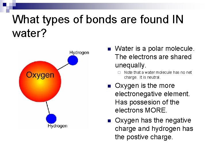 What types of bonds are found IN water? n Water is a polar molecule.