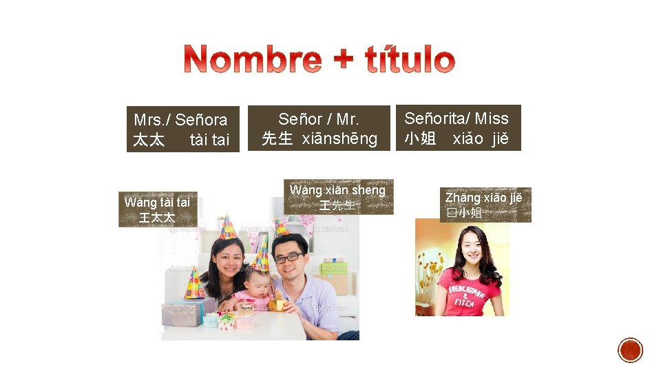 Mrs. / Señora 太太 tài tai Wáng tài tai 王太太 Señorita/ Miss Señor /