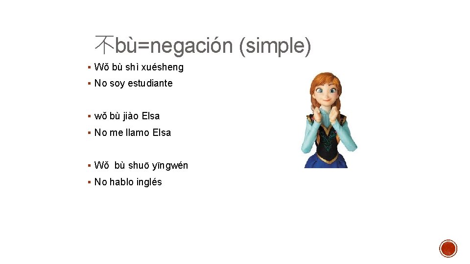  不bù=negación (simple) § Wǒ bù shì xuésheng § No soy estudiante § wǒ