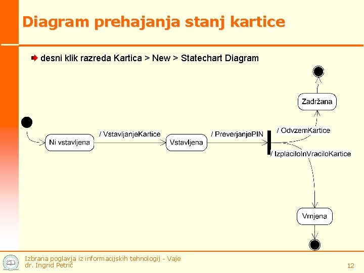 Diagram prehajanja stanj kartice desni klik razreda Kartica > New > Statechart Diagram Izbrana