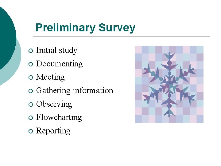 Preliminary Survey ¡ Initial study ¡ Documenting ¡ Meeting ¡ Gathering information ¡ Observing