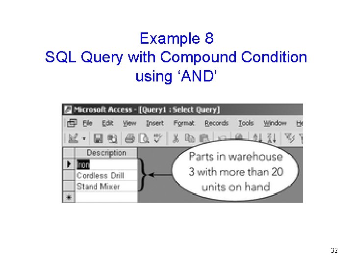 Example 8 SQL Query with Compound Condition using ‘AND’ 32 