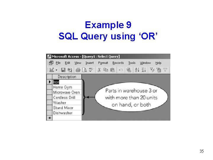 Example 9 SQL Query using ‘OR’ 35 