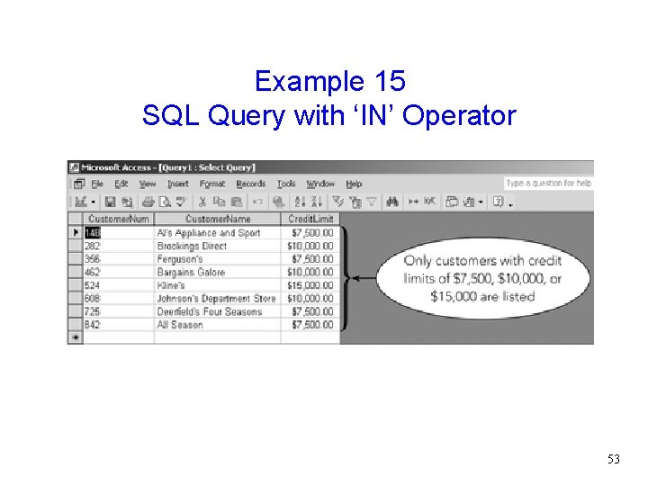 Example 15 SQL Query with ‘IN’ Operator 53 