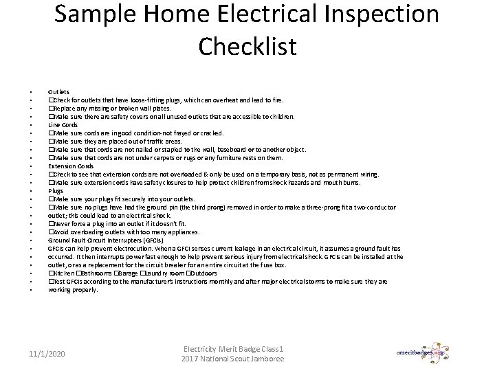 Sample Home Electrical Inspection Checklist • • • • • • • Outlets �Check