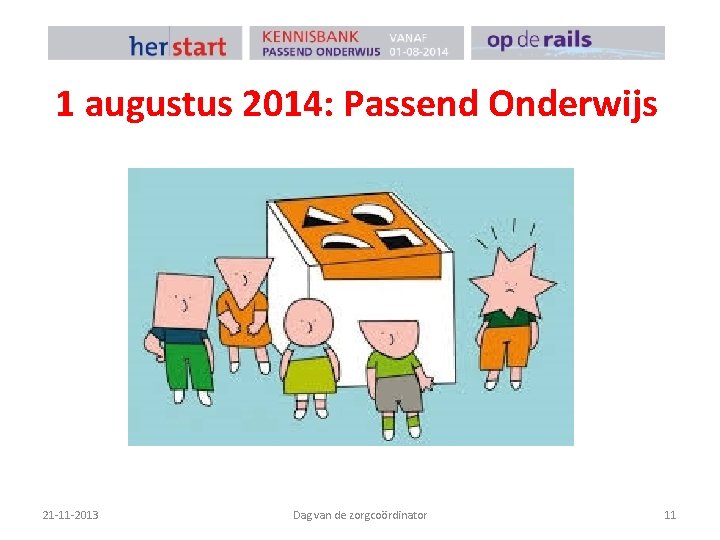 1 augustus 2014: Passend Onderwijs 21 -11 -2013 Dag van de zorgcoördinator 11 