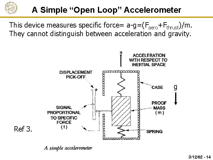 A Simple “Open Loop” Accelerometer This device measures specific force= a-g=(Faero+Fthrust)/m. They cannot distinguish
