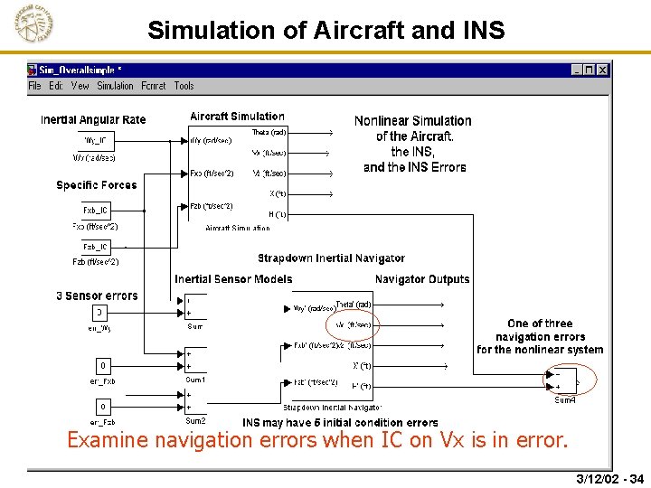 Simulation of Aircraft and INS Examine navigation errors when IC on Vx is in