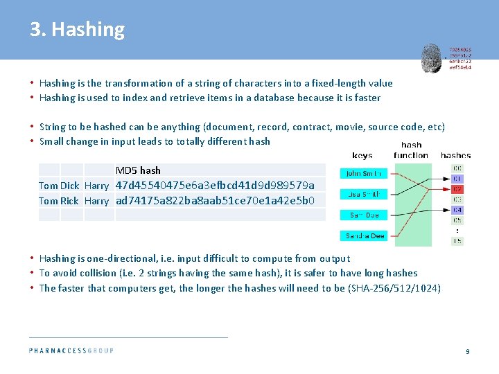 3. Hashing • Hashing is the transformation of a string of characters into a