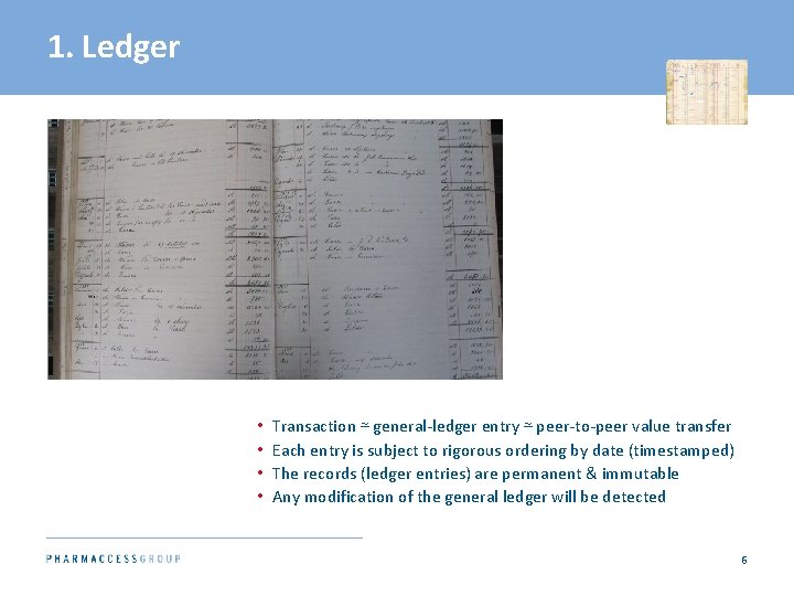 1. Ledger • • Transaction ⋍ general-ledger entry ⋍ peer-to-peer value transfer Each entry