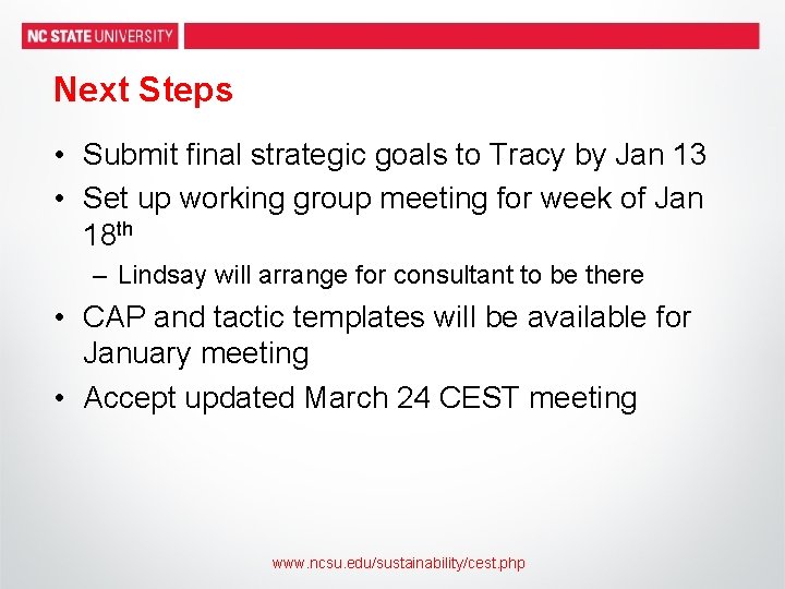 Next Steps • Submit final strategic goals to Tracy by Jan 13 • Set