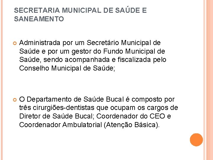 SECRETARIA MUNICIPAL DE SAÚDE E SANEAMENTO Administrada por um Secretário Municipal de Saúde e