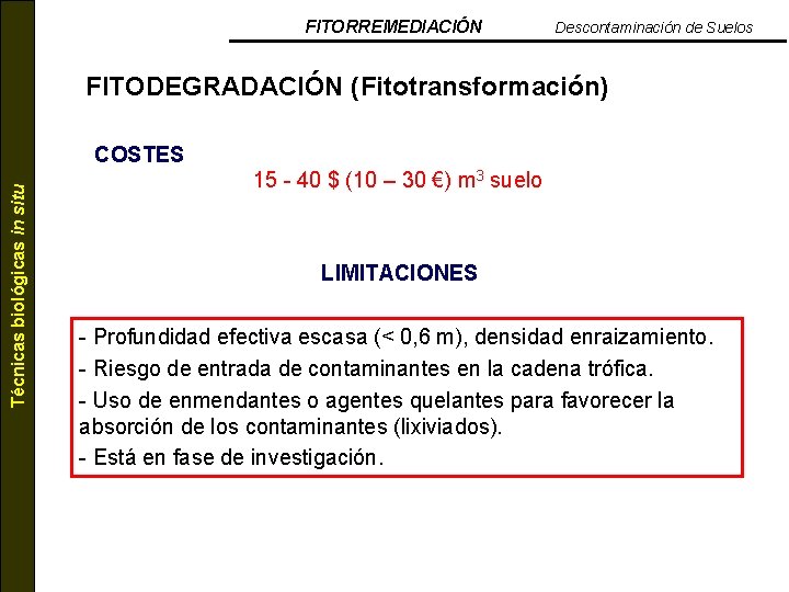 FITORREMEDIACIÓN Descontaminación de Suelos FITODEGRADACIÓN (Fitotransformación) Técnicas biológicas in situ COSTES 15 - 40