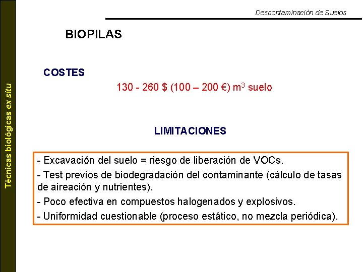 Descontaminación de Suelos BIOPILAS Técnicas biológicas ex situ COSTES 130 - 260 $ (100