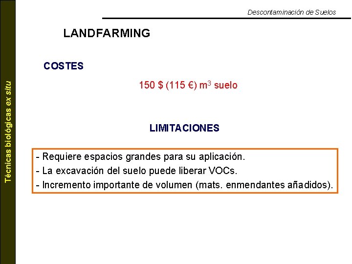 Descontaminación de Suelos LANDFARMING Técnicas biológicas ex situ COSTES 150 $ (115 €) m