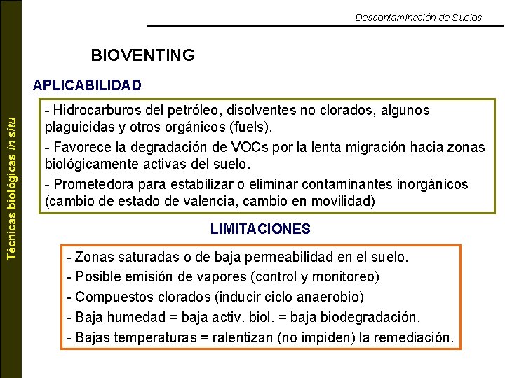Descontaminación de Suelos BIOVENTING Técnicas biológicas in situ APLICABILIDAD - Hidrocarburos del petróleo, disolventes