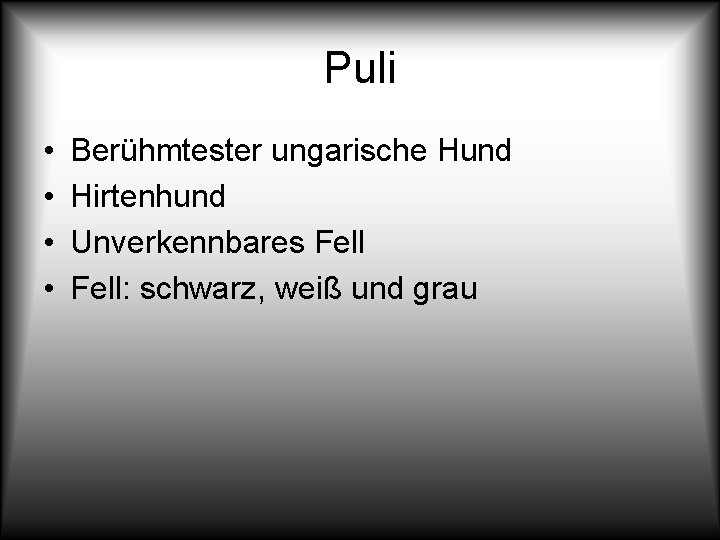 Puli • • Berühmtester ungarische Hund Hirtenhund Unverkennbares Fell: schwarz, weiß und grau 