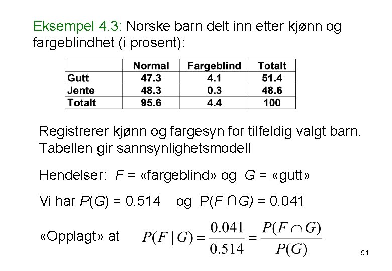 Eksempel 4. 3: Norske barn delt inn etter kjønn og fargeblindhet (i prosent): Registrerer