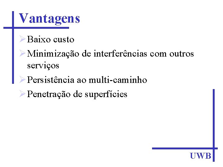 Vantagens Baixo custo Minimização de interferências com outros serviços Persistência ao multi-caminho Penetração de