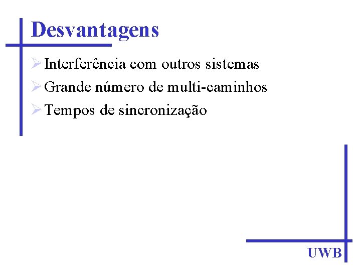 Desvantagens Interferência com outros sistemas Grande número de multi-caminhos Tempos de sincronização UWB 