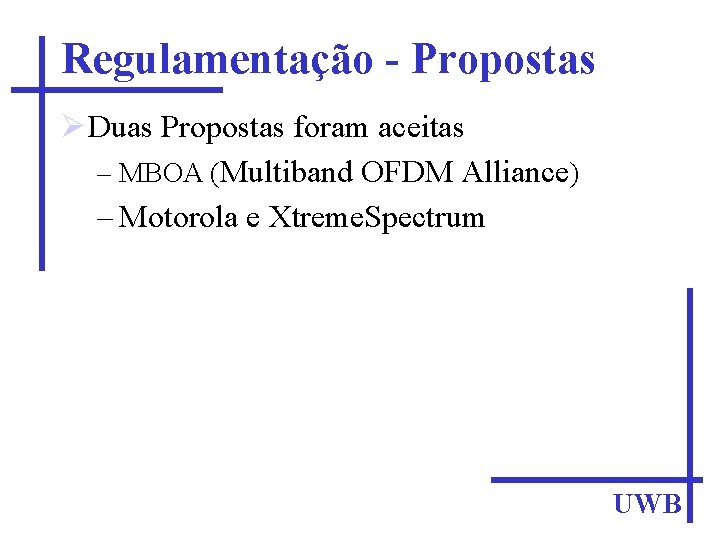 Regulamentação - Propostas Duas Propostas foram aceitas – MBOA (Multiband OFDM Alliance) – Motorola