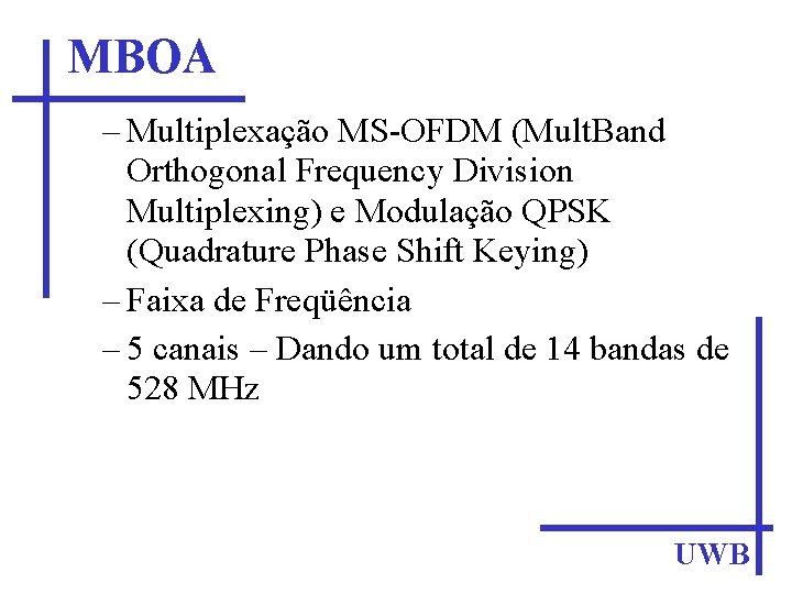 MBOA – Multiplexação MS-OFDM (Mult. Band Orthogonal Frequency Division Multiplexing) e Modulação QPSK (Quadrature