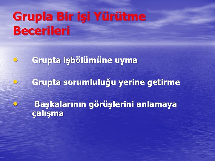 Grupla Bir işi Yürütme Becerileri • Grupta işbölümüne uyma • Grupta sorumluluğu yerine getirme