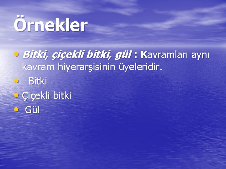 Örnekler • Bitki, çiçekli bitki, gül : Kavramları aynı kavram hiyerarşisinin üyeleridir. • Bitki