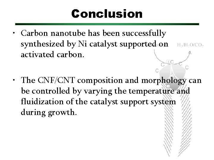 Conclusion • Carbon nanotube has been successfully synthesized by Ni catalyst supported on activated