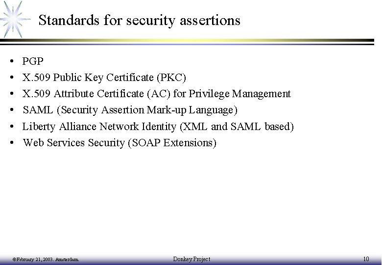 Standards for security assertions • • • PGP X. 509 Public Key Certificate (PKC)