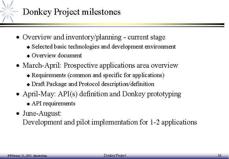 Donkey Project milestones · Overview and inventory/planning - current stage u Selected basic technologies