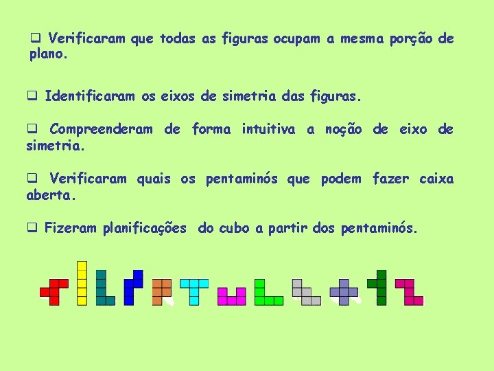 q Verificaram que todas as figuras ocupam a mesma porção de plano. q Identificaram